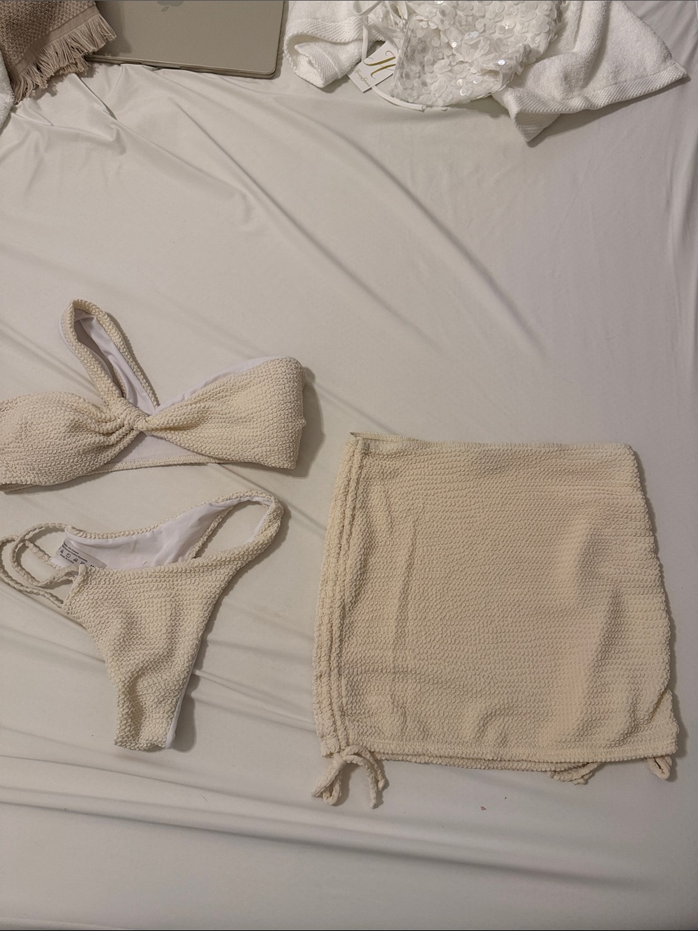 Cream Knit Texture Three-Piece Swim Set - Women Swim